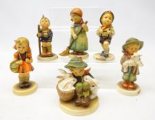 Six Goebel Hummel figures; 'Playmates', 'Little Hiker', 'Lost Sheep', 'School Girl',
