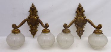Pair early 20th century gilt brass twin branch wall lights,