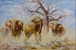 Herd of Elephants' oil on canvas signed by David Painter (British Contemporary) 49.5cm x 74.