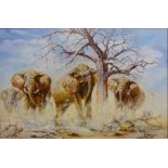 Herd of Elephants' oil on canvas signed by David Painter (British Contemporary) 49.5cm x 74.