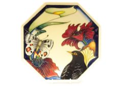 Moorcroft Designers Medley octagonal plate with bird, butterfly and stylised flowers,
