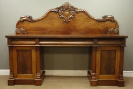 Victorian mahogany sideboard, shaped raised back with scrolled and floral mounts,