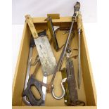 Glenhurst meat cleaver, two butchery saws, blade honer's,