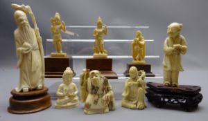 Eight late 19th/early 20th century carved ivory figures & one bone deity with coloured incensed