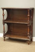 Victorian walnut three tier whatnot, rectangular moulded top, panelled back, turned supports, W84cm,