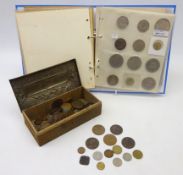 Collection of British and World coins including; Queen Victoria threepence pieces,