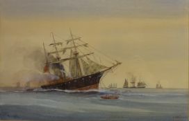 The sinking of CSS 'Albama' by Kearsarge 1864, 19th century watercolour signed J. Hall 35cm x 54.