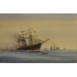 The sinking of CSS 'Albama' by Kearsarge 1864, 19th century watercolour signed J. Hall 35cm x 54.