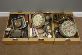 Collection of clock parts and movements including; postman's alarm clock movement,