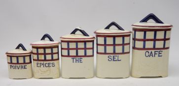 Set of five vintage French graduating pottery storage jars,