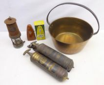 Two Pyrene Fire Extinguishers, brass jam pan, GPO miners lamp,