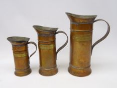 Set of three 19th century French copper measures, Deux-Litres, Un Litre & Demi Litre,