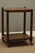 Early 19th century mahogany two tier stand, turned supports with brass castors, 52cm x 42cm,
