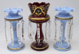 Pair Victorian opaque pale blue glass lustres, with gilt highlights, hung with prism drops,
