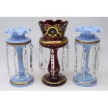 Pair Victorian opaque pale blue glass lustres, with gilt highlights, hung with prism drops,