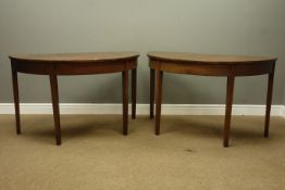 Pair Georgian figured mahogany console tables on square tapering supports, W122cm, H72cm,