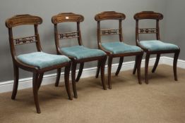 Set four Regency mahogany dining chairs, scrolled cresting rail carved with flower heads,