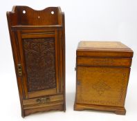 Late Victorian oak smokers cabinet with carved panel and brass fittings,