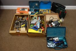 Makita hammer drill, BOSCH sander, Makita drill, ELU router in box, BOSCH jigsaw,