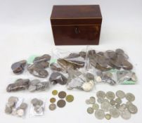 Collection of mostly Great British coins and an early 19th century mahogany tea caddy including;