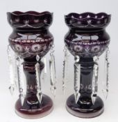 Pair 20th century Bohemian purple tinted glass lustres, with star cut decoration,