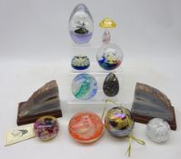Pair agate stone bookends, Alum Bay mushroom glass paperweight, other glass paperweights,
