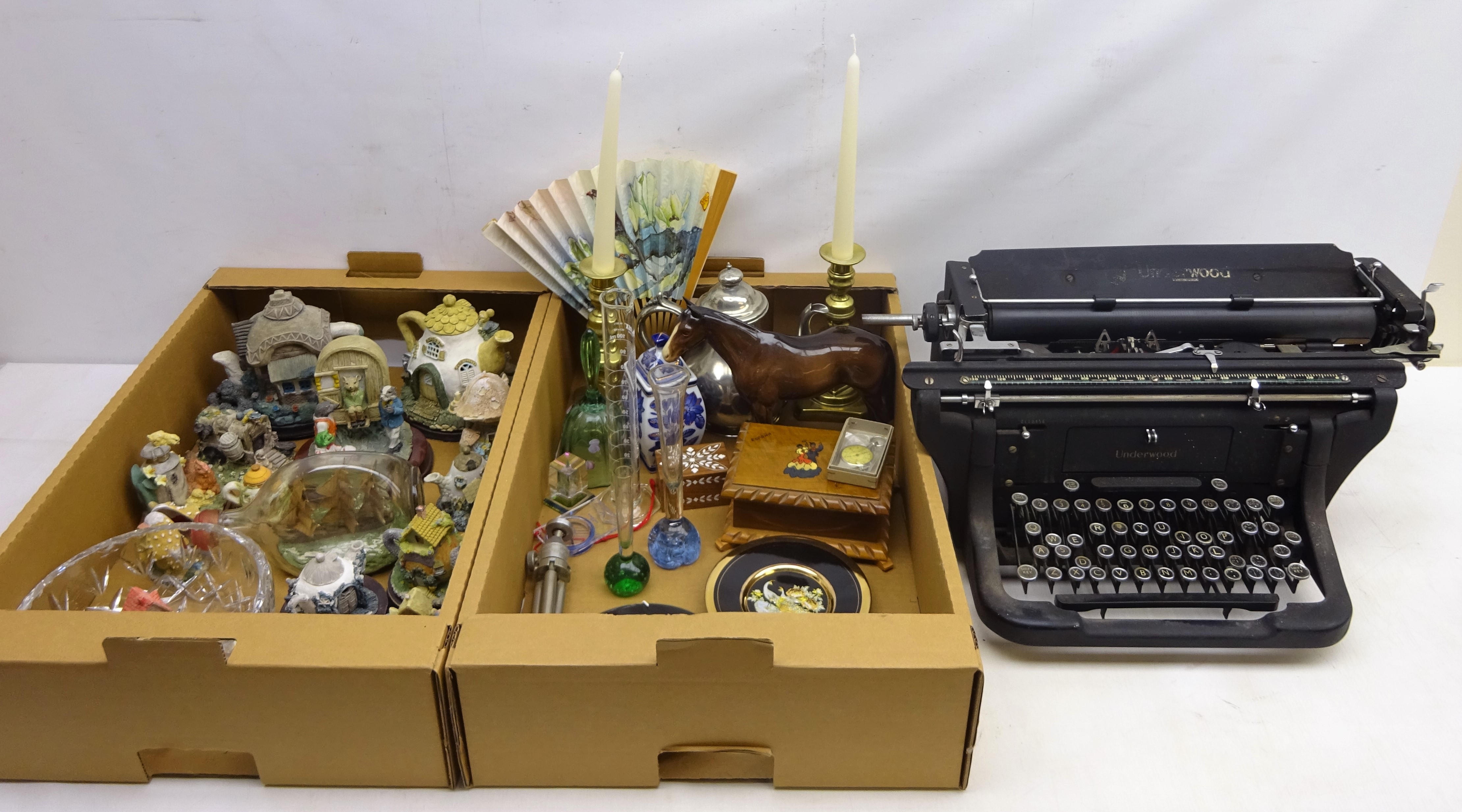 Beswick bay horse, pair brass candlesticks, Underwood typewriter, Chokin tea plates, pewter tea pot,