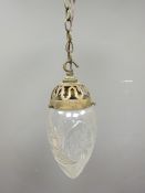 Edwardian tear drop shaped cut glass pendant light fitting with pierced brass mount, H28cm,