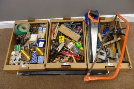 Large quantity of tools; saws, drill bits, various screws, hand drills, tape measures, chisels,