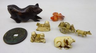 19th century carved lignum vitae boar, Japanese ivory style netsukes, agate carving,
