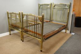 Pair Edwardian brass 3' single bedsteads, turned spindle pediments with decorated spandrels,