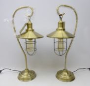 Pair brass finish table lamps in the style of hanging lanterns,