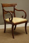 19th century mahogany Recency style armchair, curved figured top rail above carved horizontal rail,