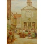 Market Day Outside the Town Hall, Whitby, 19th century watercolour unsigned 53cm x 37.