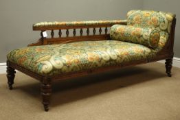Late Victorian Aesthetic Movement oak framed chaise longue, ebonised and carved detail,