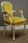 French style ivory painted armchair with gold dralon seat and back panel,