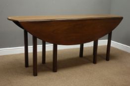 18th century style mahogany wake table, oval drop leaf top, quadruple gate leg action base,