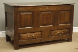 Late 17th century oak mule chest, moulded half hinged rectangular top,
