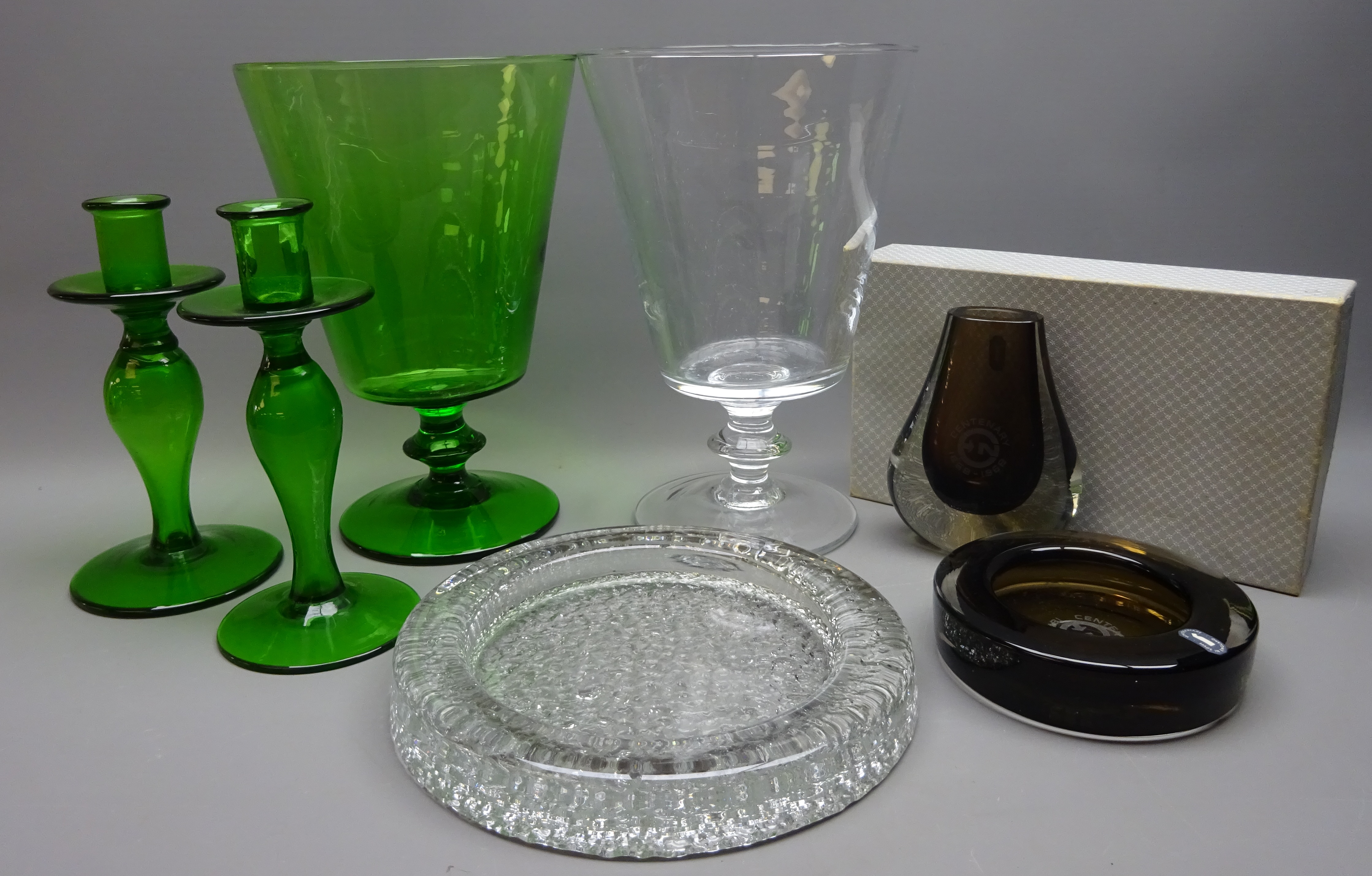 Whitefriars Centenary teardrop shaped vase and dish set, boxed and a clear glass shallow bowl,