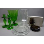 Whitefriars Centenary teardrop shaped vase and dish set, boxed and a clear glass shallow bowl,