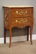 Small French style walnut and marquetry chest of two drawers, serpentine variegated marble top,