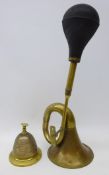 Early 20th century brass car horn and a similar age brass table top service bell (2)