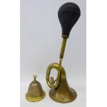 Early 20th century brass car horn and a similar age brass table top service bell (2)