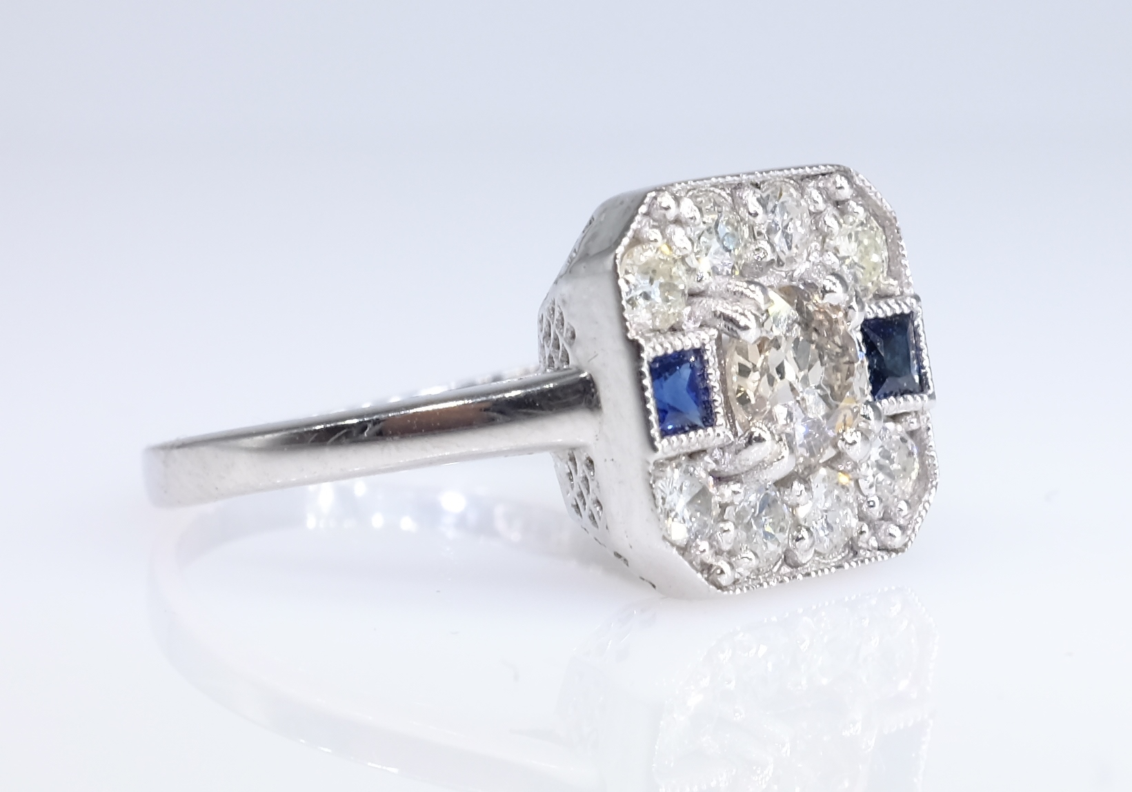 Art Deco design old cut diamond and sapphire white gold ring stamped 18ct Condition - Image 2 of 5