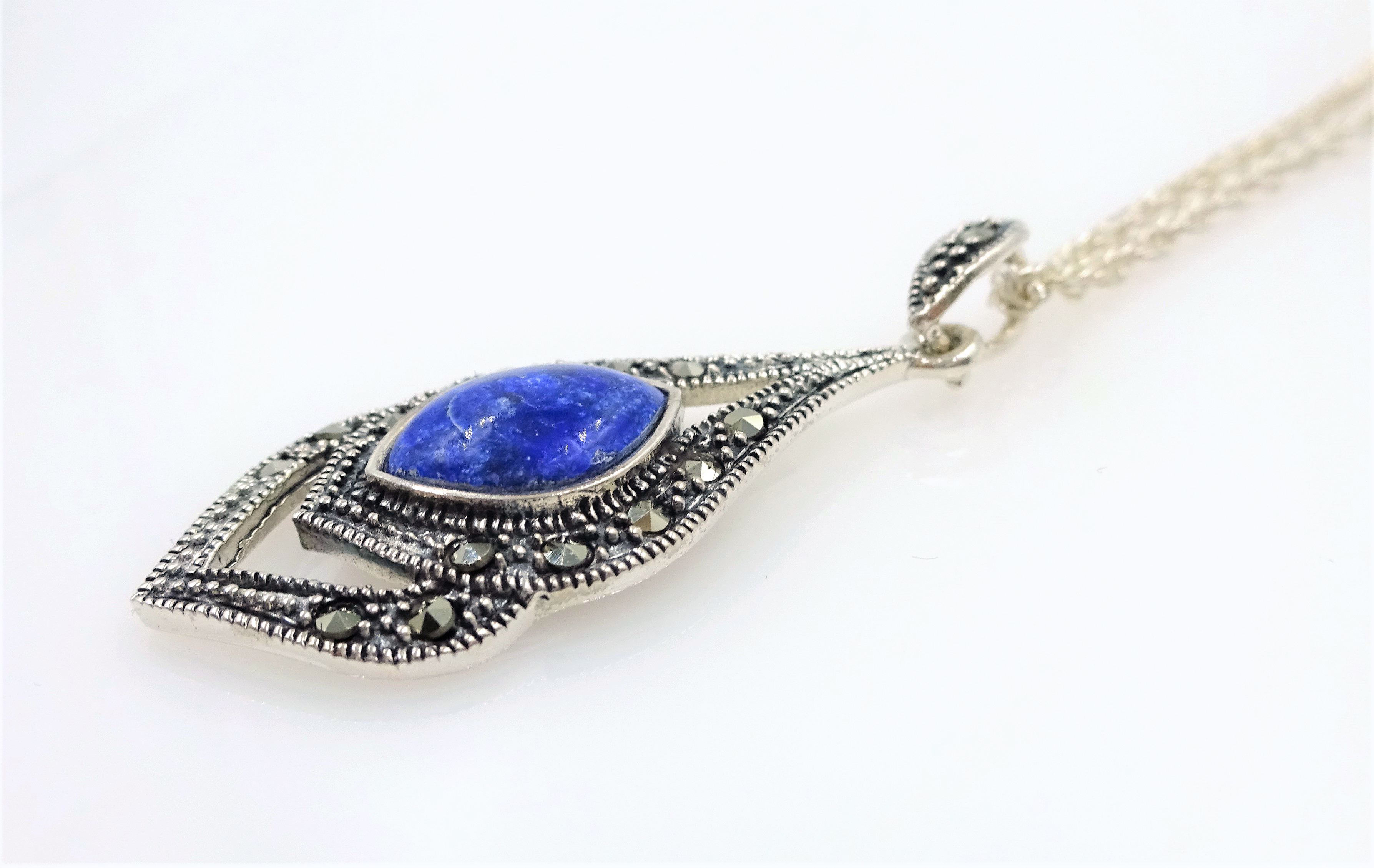 Silver lapis lazuli and marcasite pendant necklace stamped 925 Condition Report - Image 3 of 3