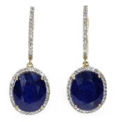 Pair of gold sapphire and diamond pendant ear-rings stamped 14K 585,