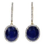 Pair of gold sapphire and diamond pendant ear-rings stamped 14K 585,