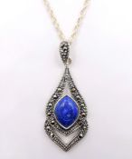 Silver lapis lazuli and marcasite pendant necklace stamped 925 Condition Report