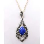 Silver lapis lazuli and marcasite pendant necklace stamped 925 Condition Report