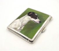 Early 20th century enamelled cigarette case with finely detailed Jack Russell portrait panel 9cm